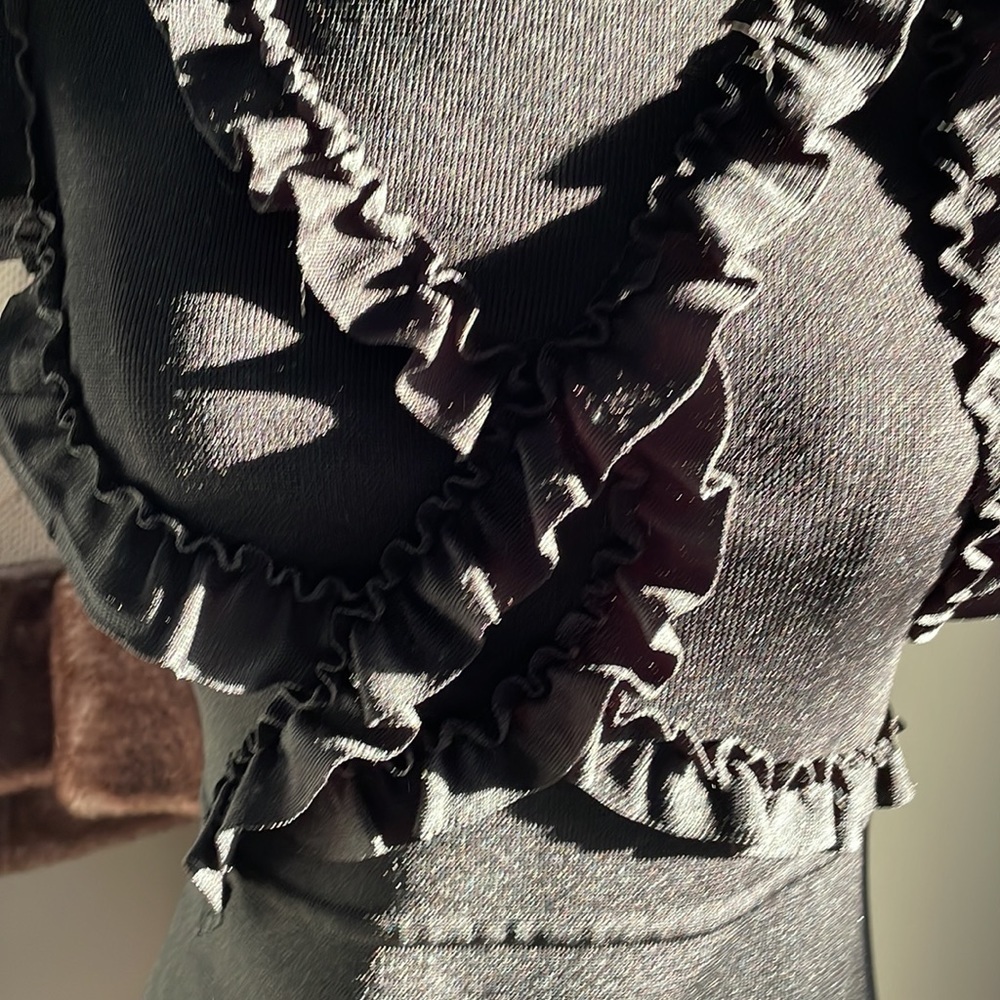 Zara black a-line knit dress with ruffle trim & decor on top front. Slight flare - Picture 4 of 14